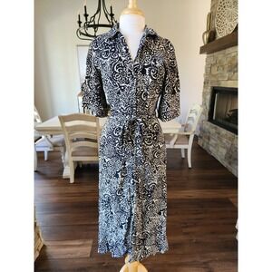 Zara XS Women's Black White Print Midi Shirt Dress Collared Belted